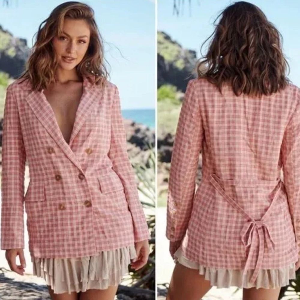 FREE PEOPLE Pink/Rose Olivia Gingham Lightweight Blazer/Trench, Medium. NWT - Picture 3 of 14